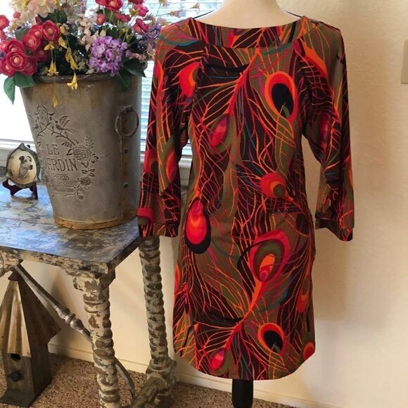 Tracy Negoshian Green and Orange Three Quarter Sleeve Shift Dress - Picture 3 of 8